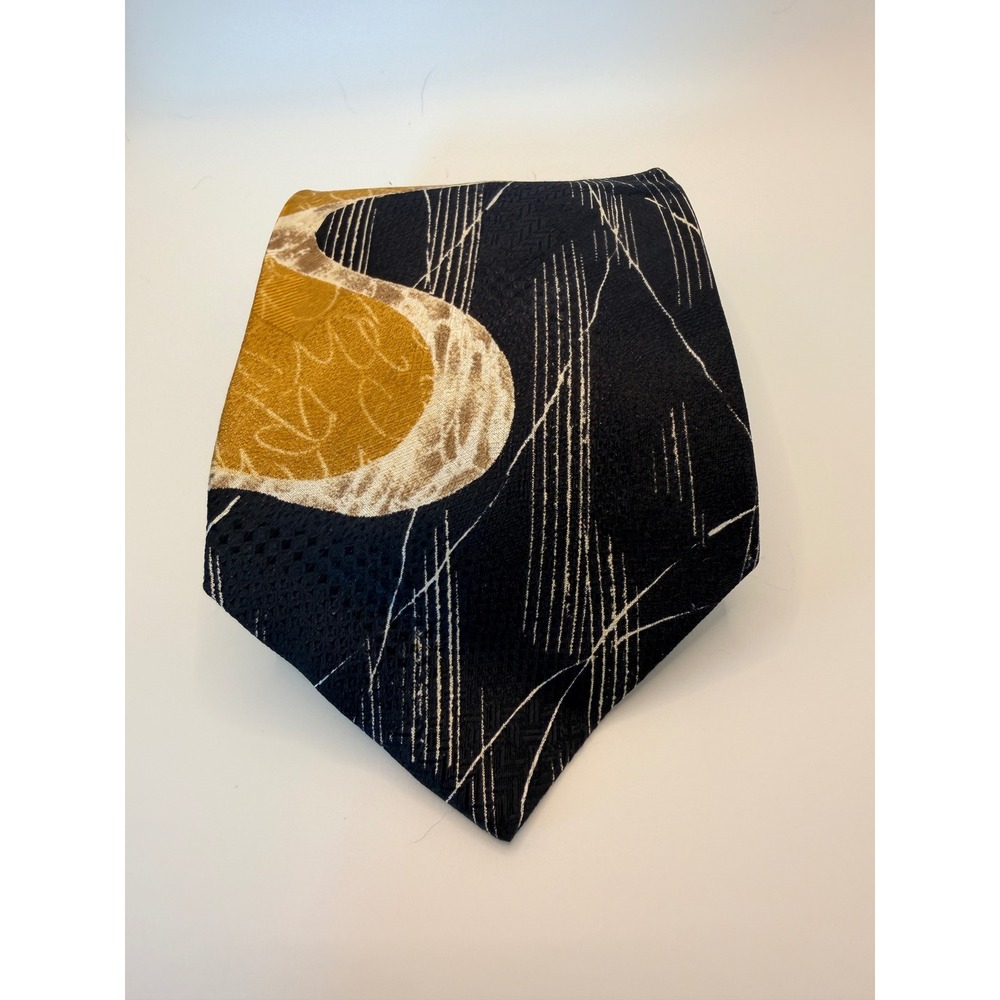 Bugatti Mens Silk Tie Navy Blue Gold Abstract Geometric Italian Silk Necktie